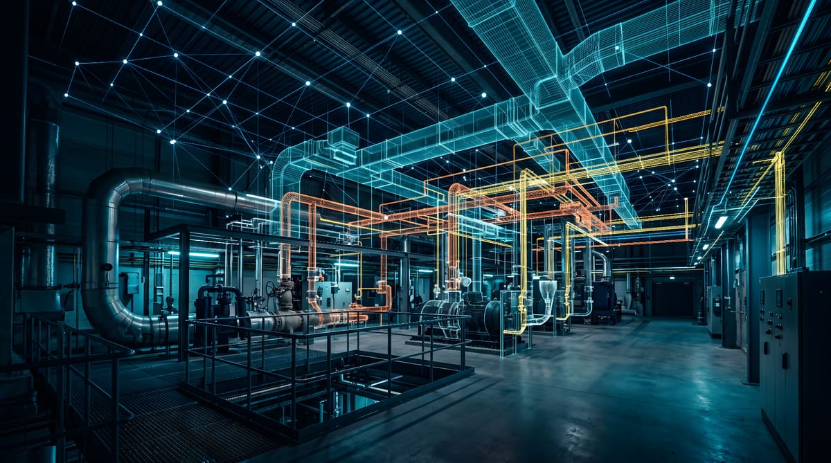 Industrial MEP facility with BIM wireframe overlay showing digital twin integration of piping, ductwork, and electrical systems